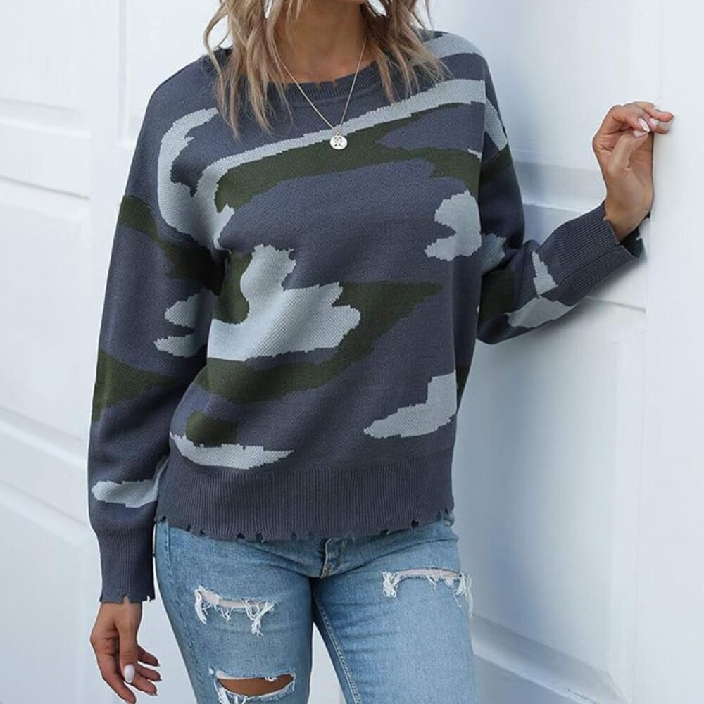 Camouflage Print Distressed Crew Neck Long Sleeve Sweater